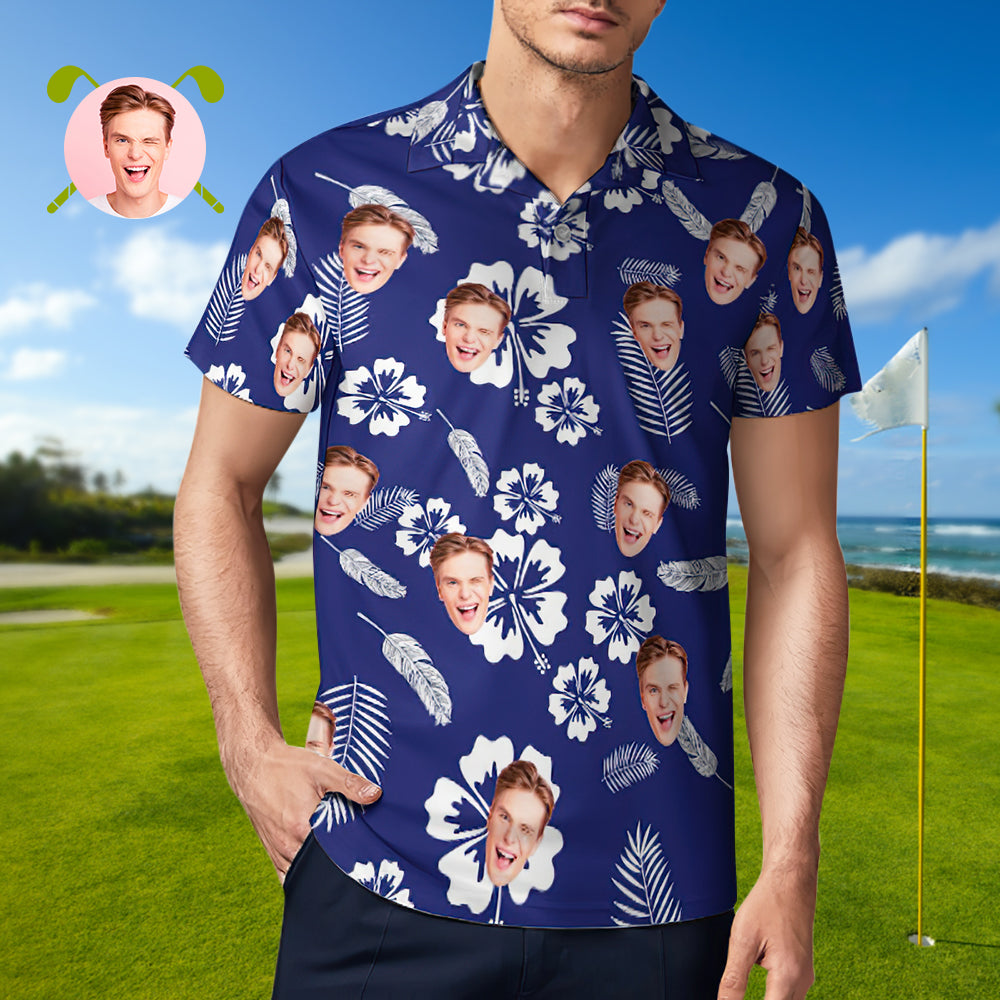 Men's Custom Face Polo Shirt Blue Tropical Vibe Personalized Hawaiian Golf Shirts Gift for Him - MyhawaiianshirtsUK