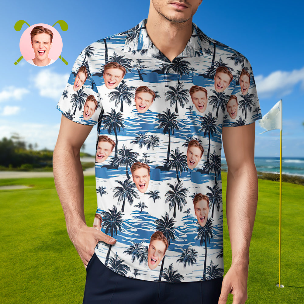 Men's Custom Face Polo Shirt Coconut Island Personalized Hawaiian Golf Shirts Gift for Him - MyhawaiianshirtsUK