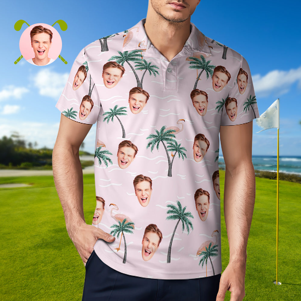 Men's Custom Face Polo Shirt Pink Flamingos Personalized Hawaiian Golf Shirts Gift for Him - MyhawaiianshirtsUK