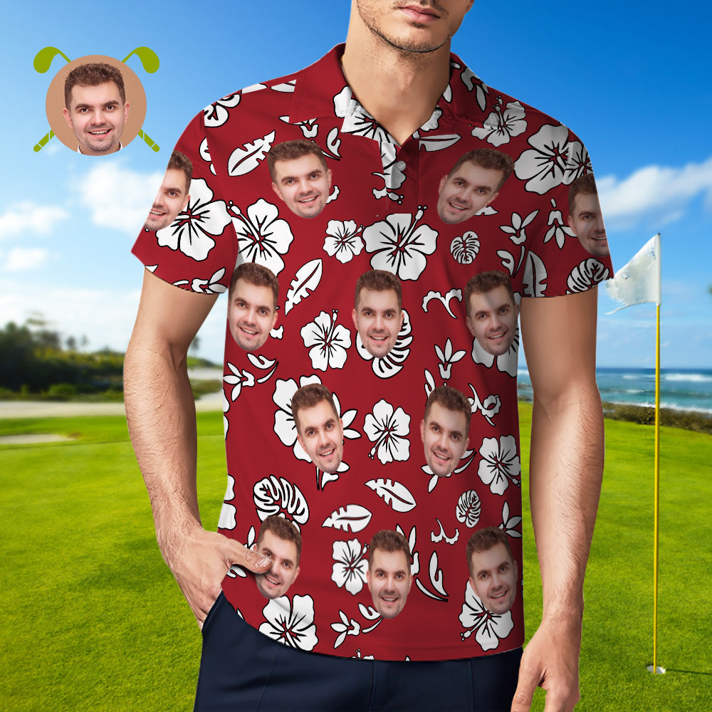 Men's Custom Face POLO Shirt Personalised Red Golf Shirts For Him White Leaves - MyhawaiianshirtsUK