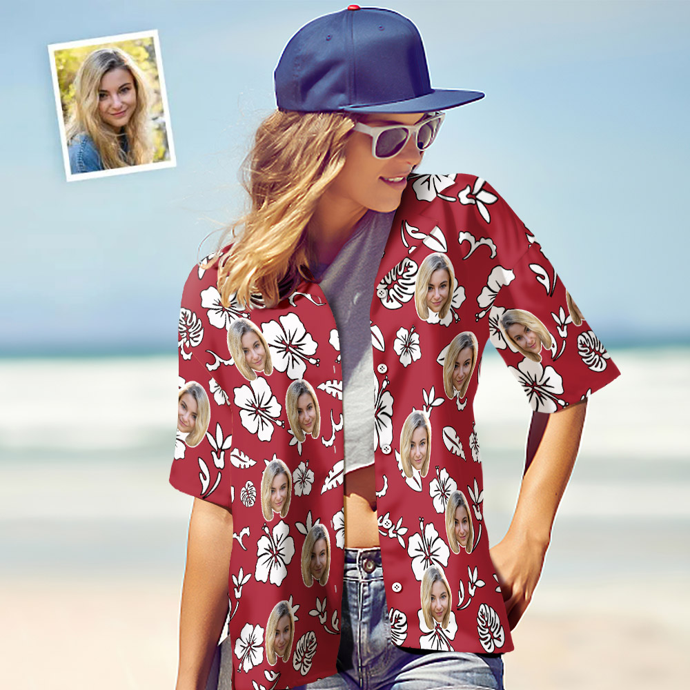 Custom Hawaiian Shirts Red Flowers Personalized Women's Aloha Beach Shirt Gift for Her