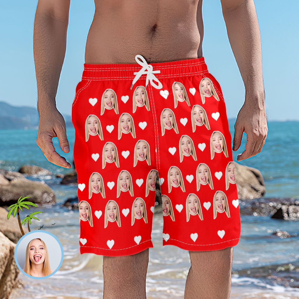 Pantalon Photo Court De Plage Élastique Avec Visage De Cœur Personnalisé Pour Hommes-MyHawaiianShirtsFR