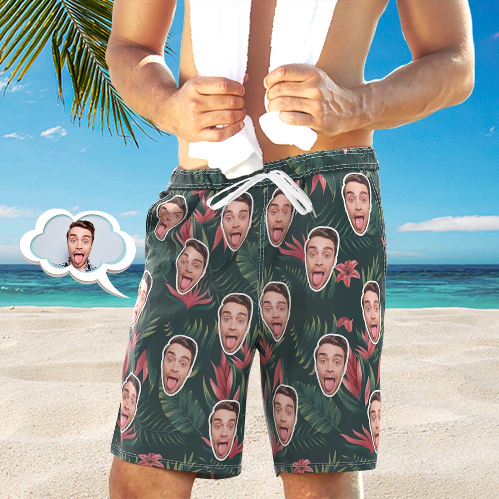 Short De Bain Photo Visage Personnalisé Maillot De Bain Cadeaux Drôles Pour Lui Cadeau Unique Avec Cordon De Serrage-MyHawaiianShirtsFR