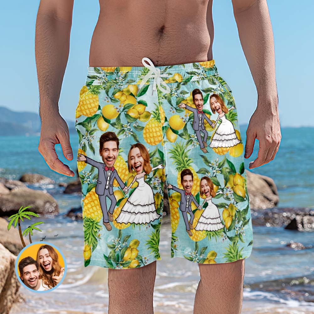Short De Plage De Mariage Personnalisé Couple D'ananas Drôle Maillot De Bain Visage-MyHawaiianShirtsFR