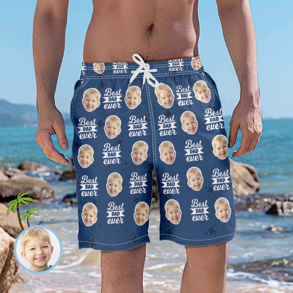 Short De Plage Personnalisé Photo Maillot De Bain Bleu Cadeau Fête Des Pères - Meilleur Papa De Tous Les Temps-MyHawaiianShirtsFR