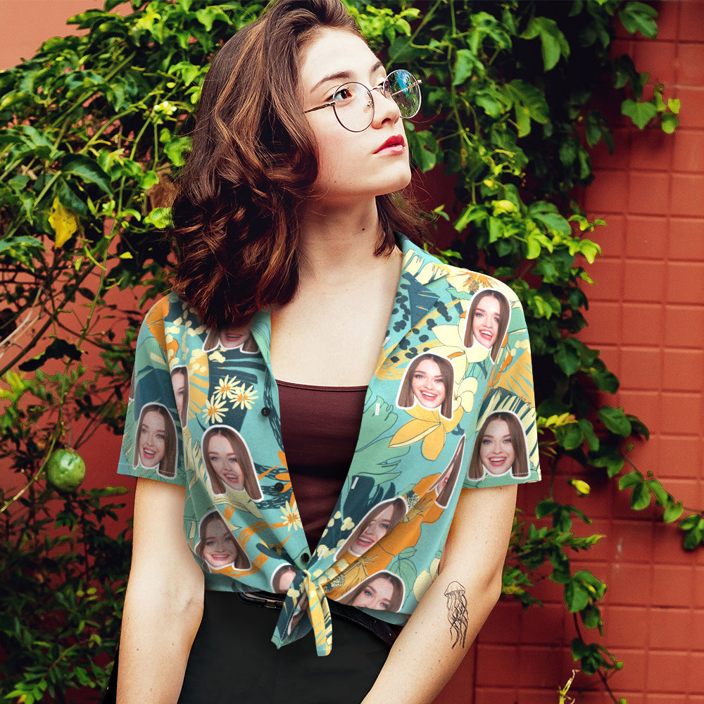 Chemise PersonnaliséeChemise à visage personnalisé Chemise hawaïenne pour femmes Chemise à manches courtes Vêtements de mode Feuilles vertes-MyHawaiianShirtsFR