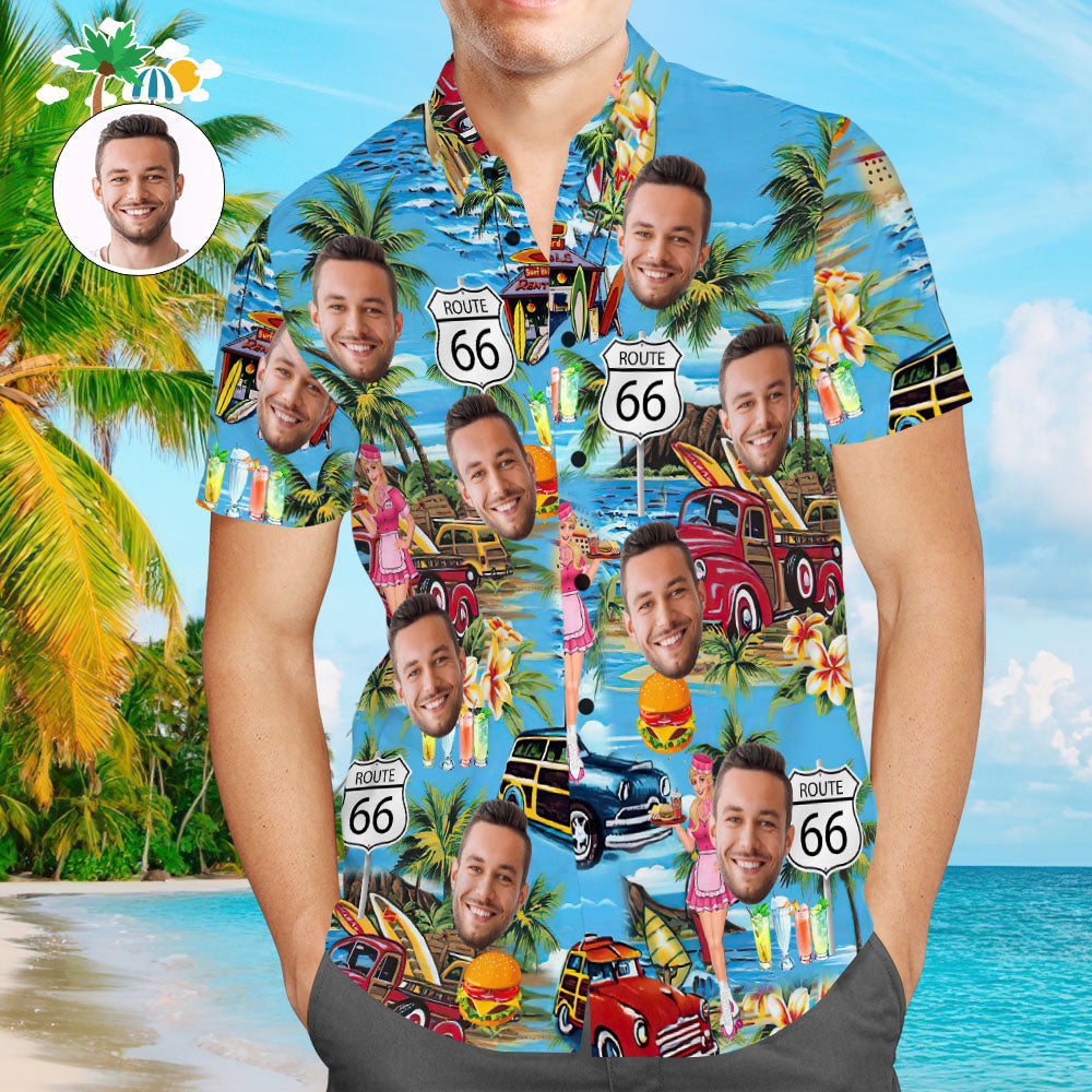 Chemise PersonnaliséeChemise bleue personnalisée Hawaii Route 66 Aloha Hawaiian Shirt Cadeau pour lui-MyHawaiianShirtsFR