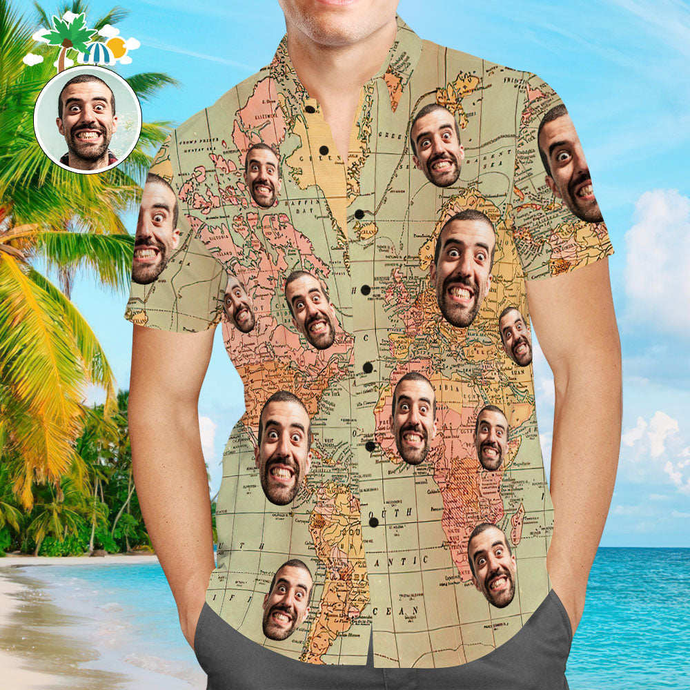 Chemise PersonnaliséeChemises hawaïennes à manches courtes pour hommes, imprimées avec une carte du monde personnalisée.-MyHawaiianShirtsFR