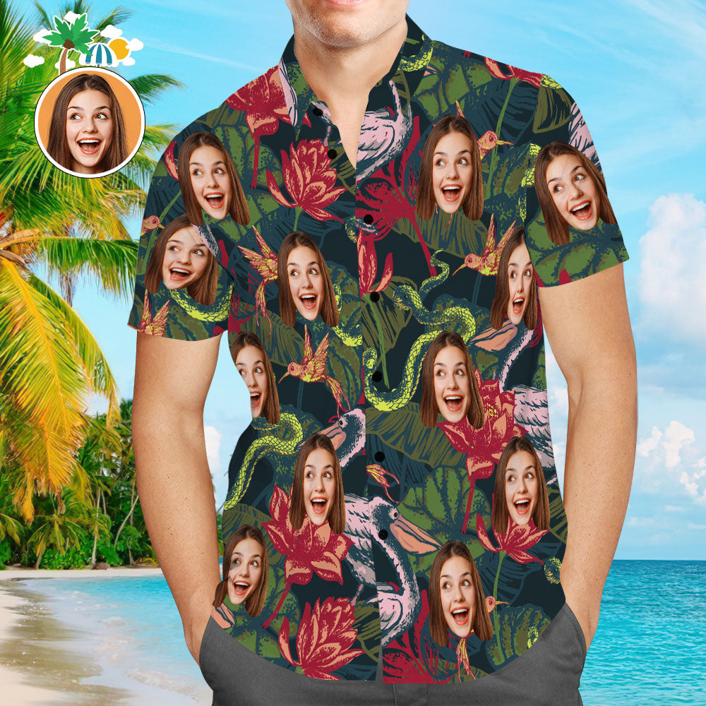 Chemise PersonnaliséeChemise Hawaïenne Visage Personnalisé Fleurs Colorées Aloha Beach Shirt Cadeau Pour Homme-MyHawaiianShirtsFR