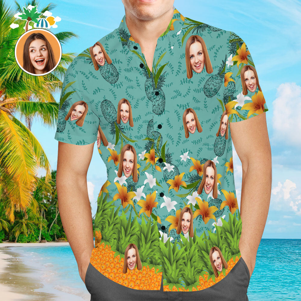 Chemise PersonnaliséeChemise Hawaïenne Visage Personnalisé Fleurs Jaunes Chemise De Plage Aloha Personnalisée Pour Homme-MyHawaiianShirtsFR