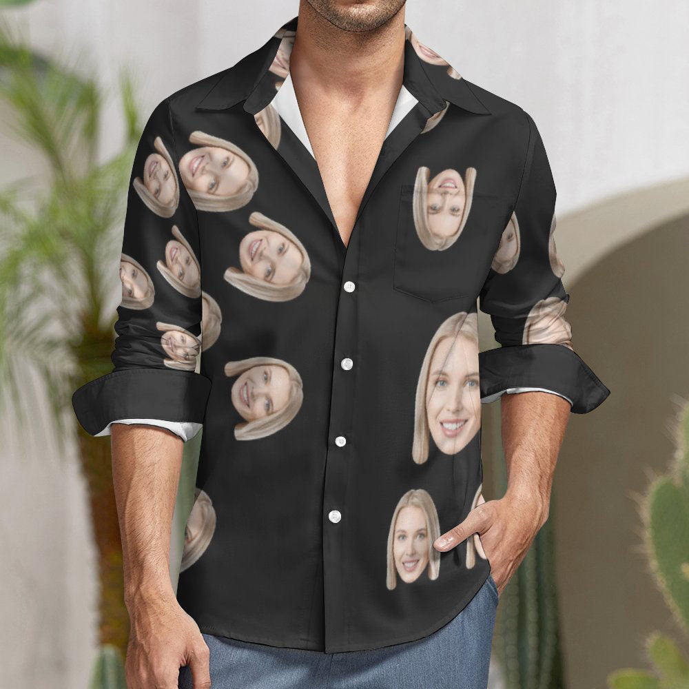 Grande Chemise À Manches Longues À Imprimé Noir Et Visage Personnalisé-MyHawaiianShirtsFR