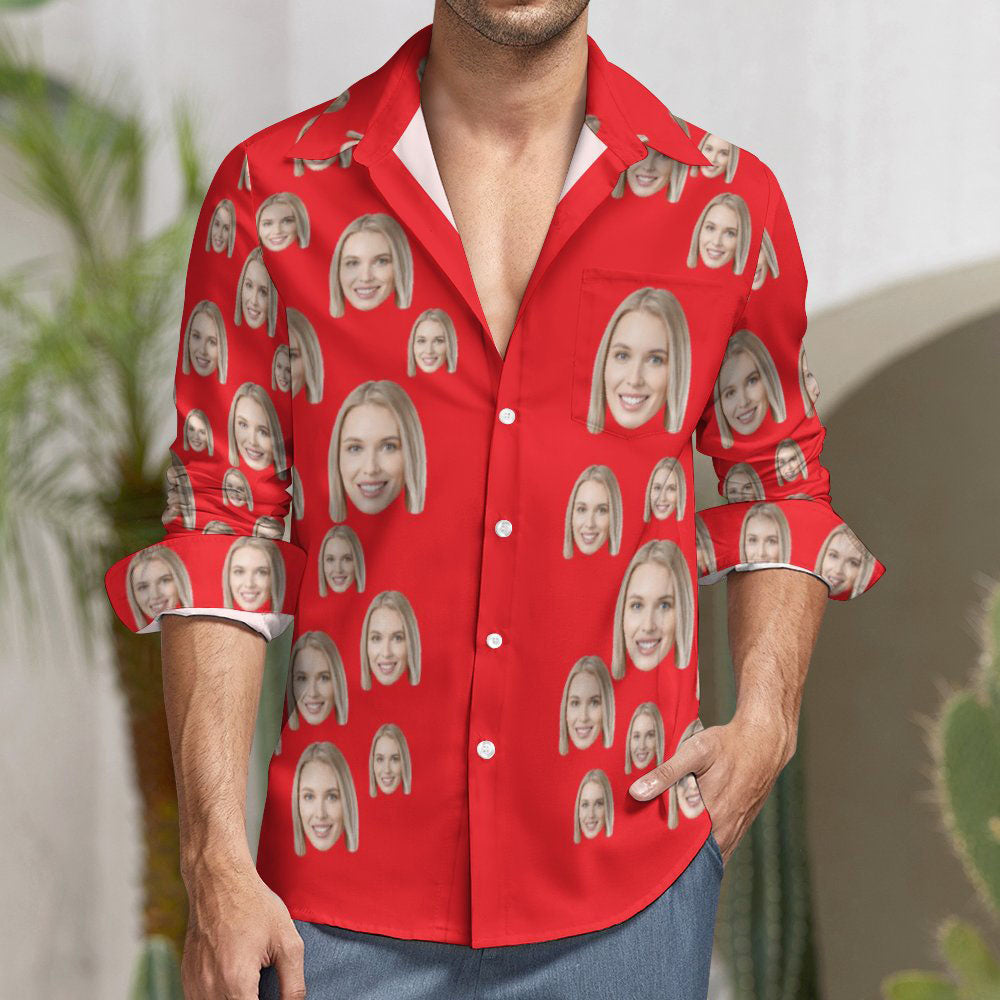 Grande Chemise À Manches Longues À Imprimé Rouge Et Visage Personnalisé-MyHawaiianShirtsFR