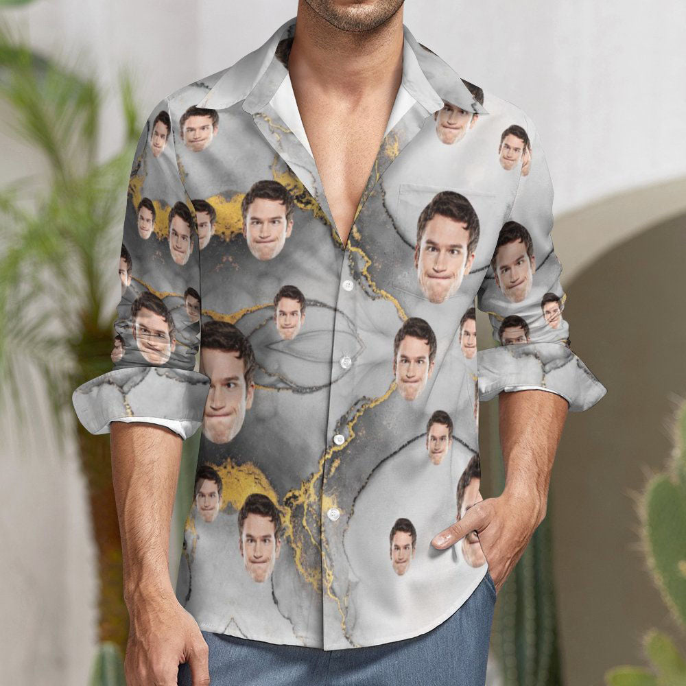 Chemise à manches longues avec visage personnalisé Or noir Abstract Fluid Art-MyHawaiianShirtsFR