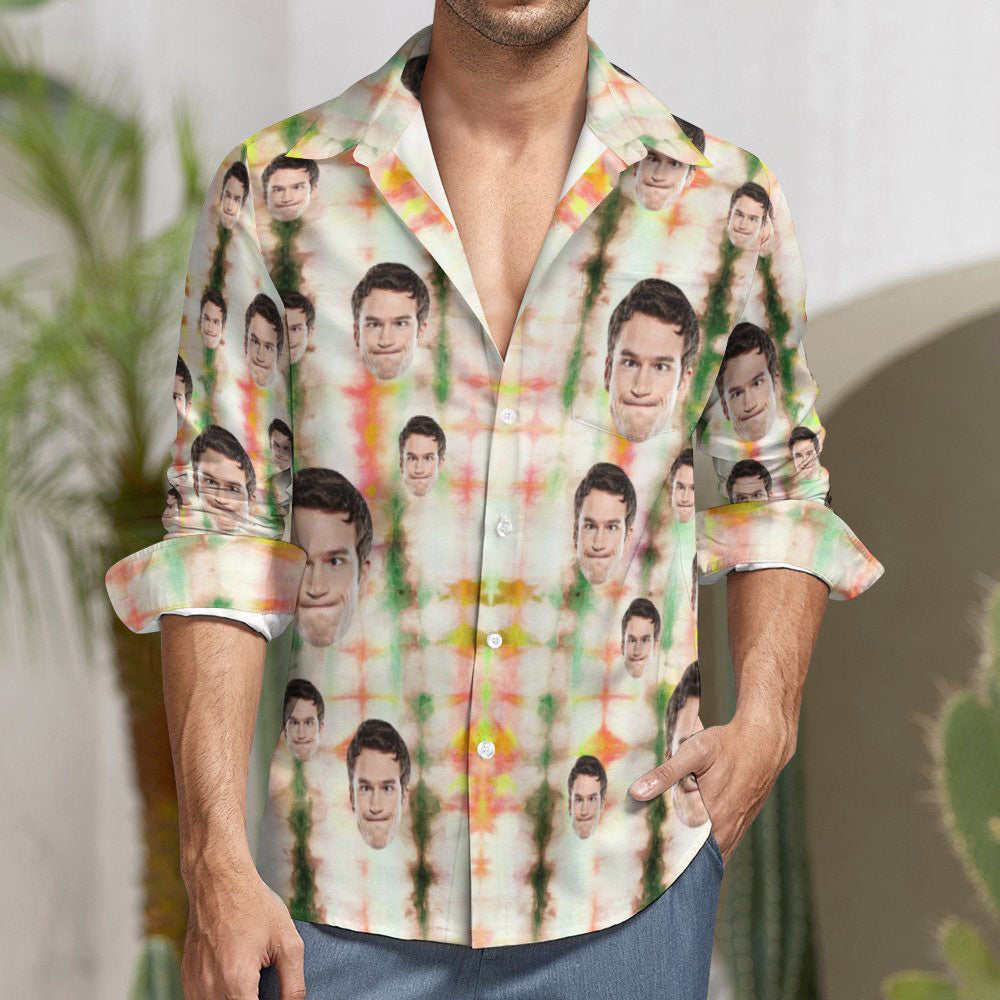 Visage personnalisé  Chemise à manches longues à rayures vertes Tie Dye-MyHawaiianShirtsFR