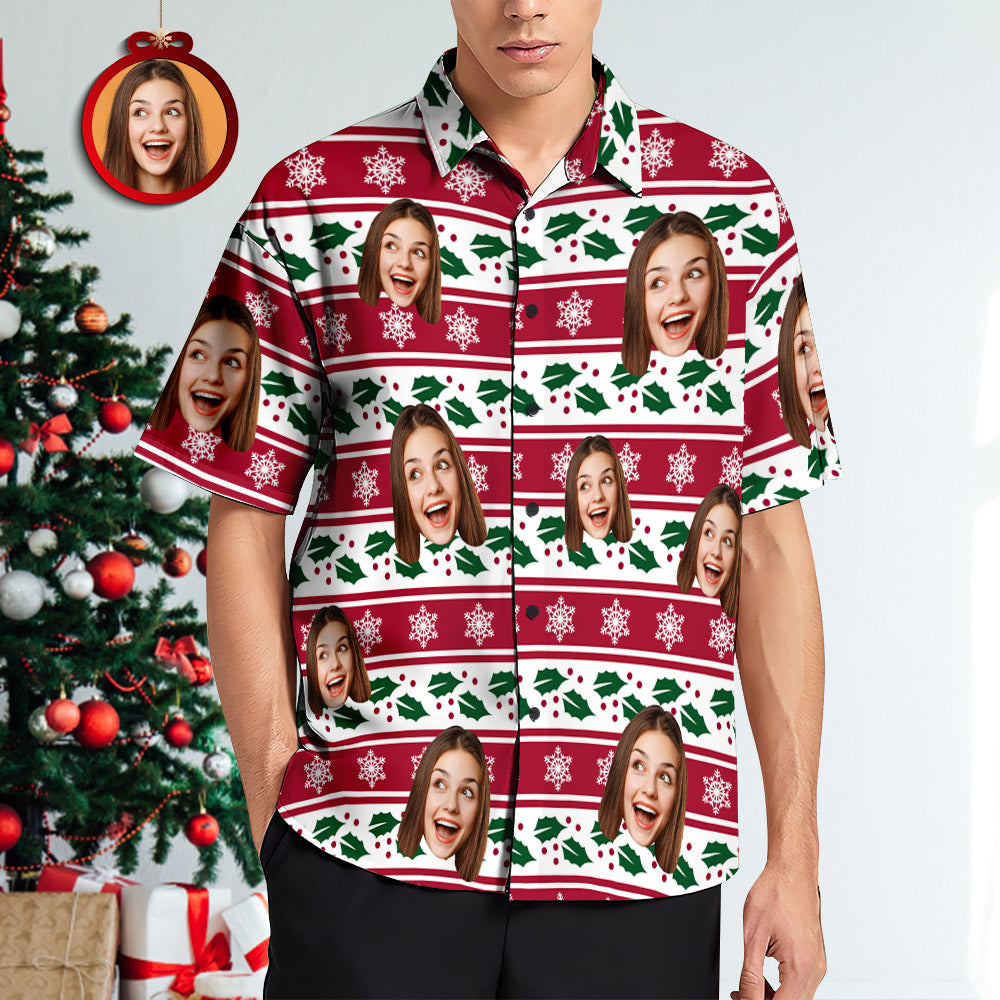 Chemise PersonnaliséeChemises Hawaïennes À Rayures De Noël Avec Visage Personnalisé Chemises De Noël Pour Hommes Avec Cadeau Photo Personnalisé-MyHawaiianShirtsFR
