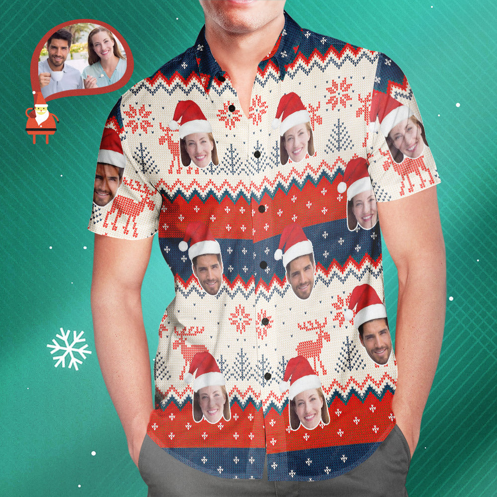 Chemise PersonnaliséeChemise Hawaïenne Imprimée Sur Tout Le Visage De Noël Classique Pour Hommes De Couple Personnalisé Cadeau De Noël-MyHawaiianShirtsFR
