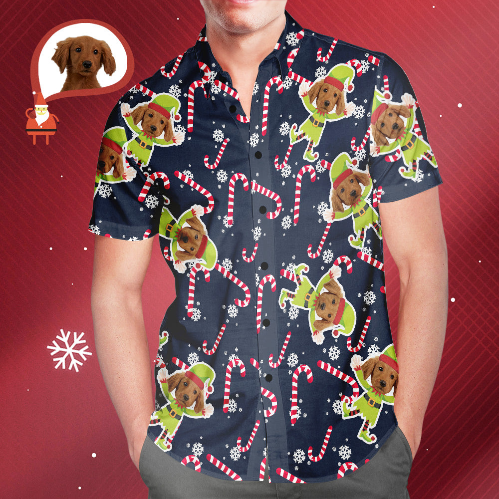 Chemise PersonnaliséeChemise Hawaïenne Imprimée Sur Tout Le Visage De Chien Personnalisé Elfe De Noël Pour Hommes Cadeau De Noël Pour Lui-MyHawaiianShirtsFR
