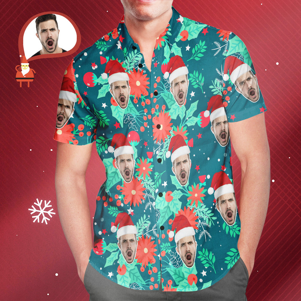 Chemise PersonnaliséeChemise Hawaïenne De Noël Imprimée Sur Tout Le Visage Pour Hommes Avec Visage Personnalisé Merry Xmas Is Coming Here-MyHawaiianShirtsFR