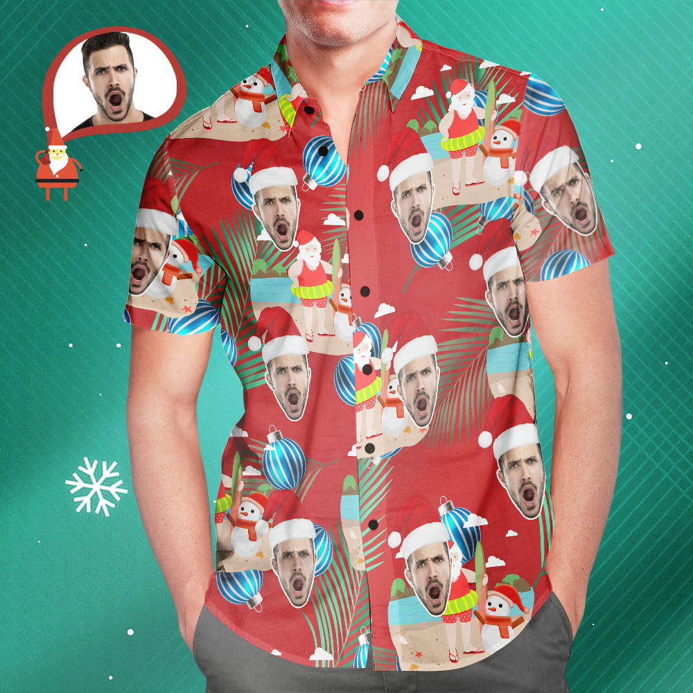 Chemise PersonnaliséeVisage Personnalisé Joyeux Noël Père Noël Chemise Hawaïenne Imprimée Pour Homme Cadeau De Noël-MyHawaiianShirtsFR
