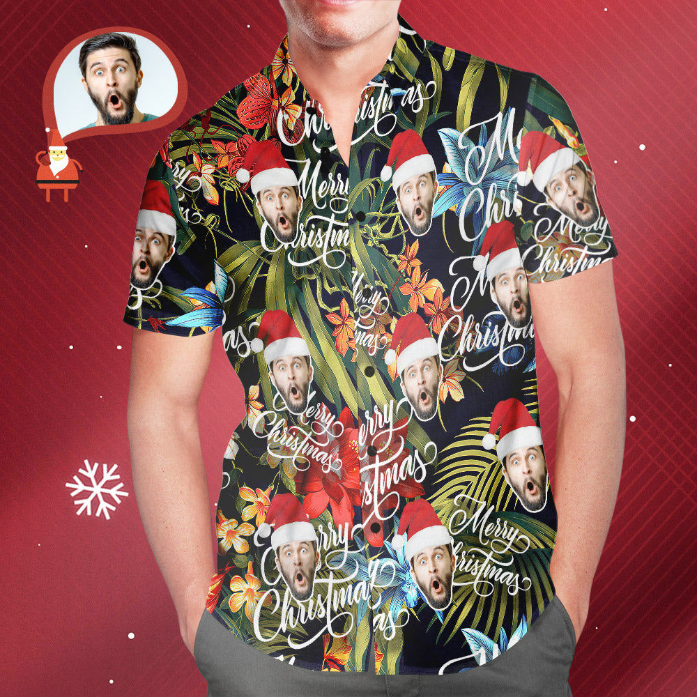 Chemise PersonnaliséeVisage Personnalisé Pour Hommes Joyeux Noël Imprimé Sur Tout Le Cadeau De Chemises Hawaïennes Amusantes De Noël Pour Hommes-MyHawaiianShirtsFR