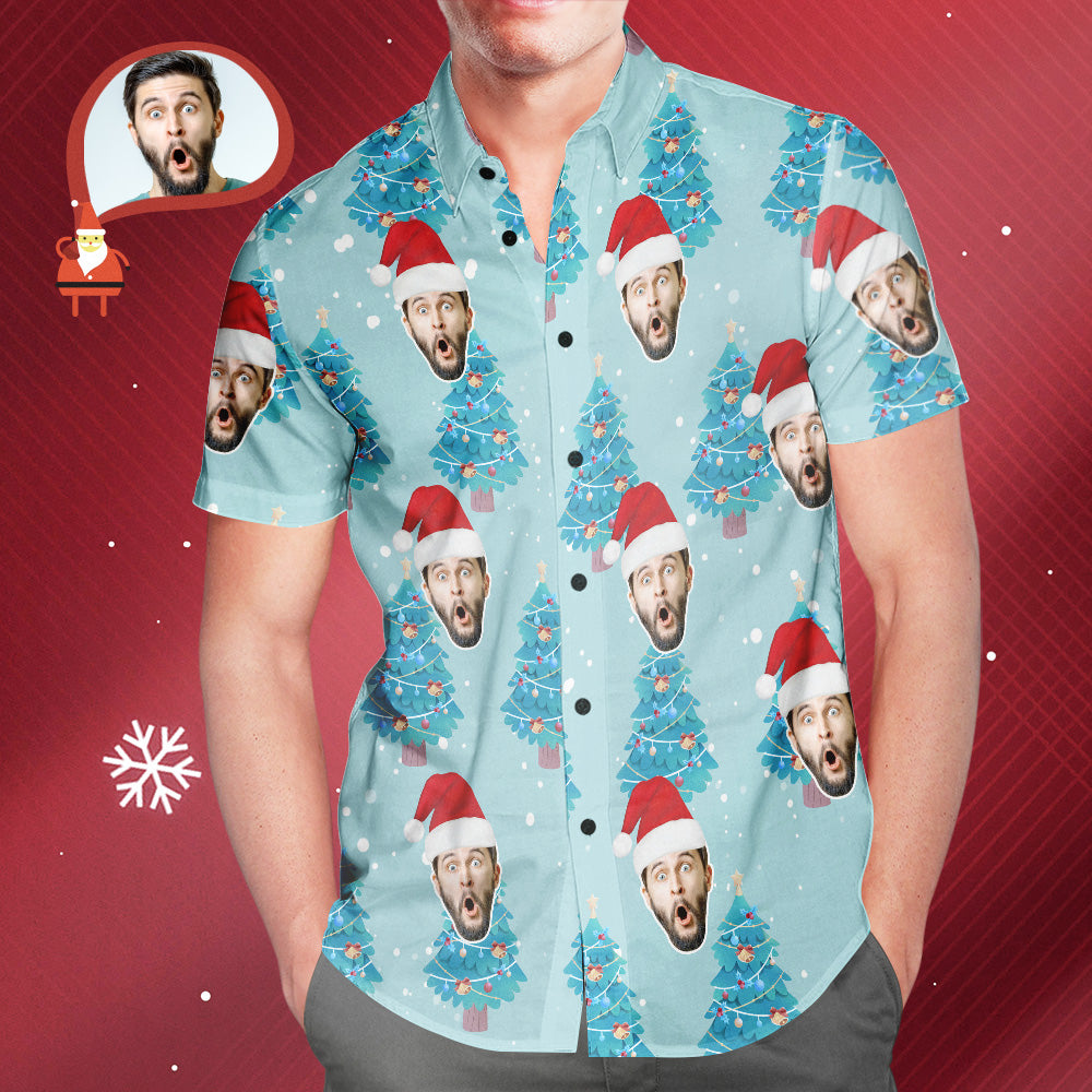 Chemise PersonnaliséeVisage Personnalisé Sur Toute La Chemise Hawaïenne Bleue Cadeau De Style Sapin De Noël Pour Lui-MyHawaiianShirtsFR