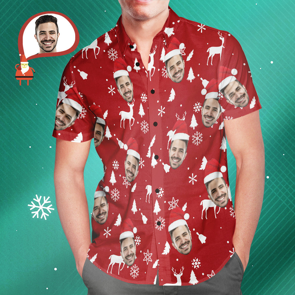 Chemise PersonnaliséeChemises Hawaïennes Rouges De Noël De Visage Faites Sur Commande Cadeau Personnalisé De Chemises De Photo Pour Les Hommes-MyHawaiianShirtsFR