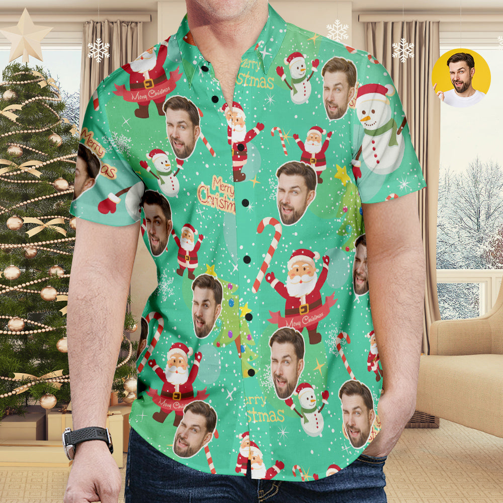 Chemise PersonnaliséeChemise Hawaïenne De Visage Personnalisée Père Noël Et Chemise De Bonhomme De Neige Cadeau De Noël Pour Homme-MyHawaiianShirtsFR