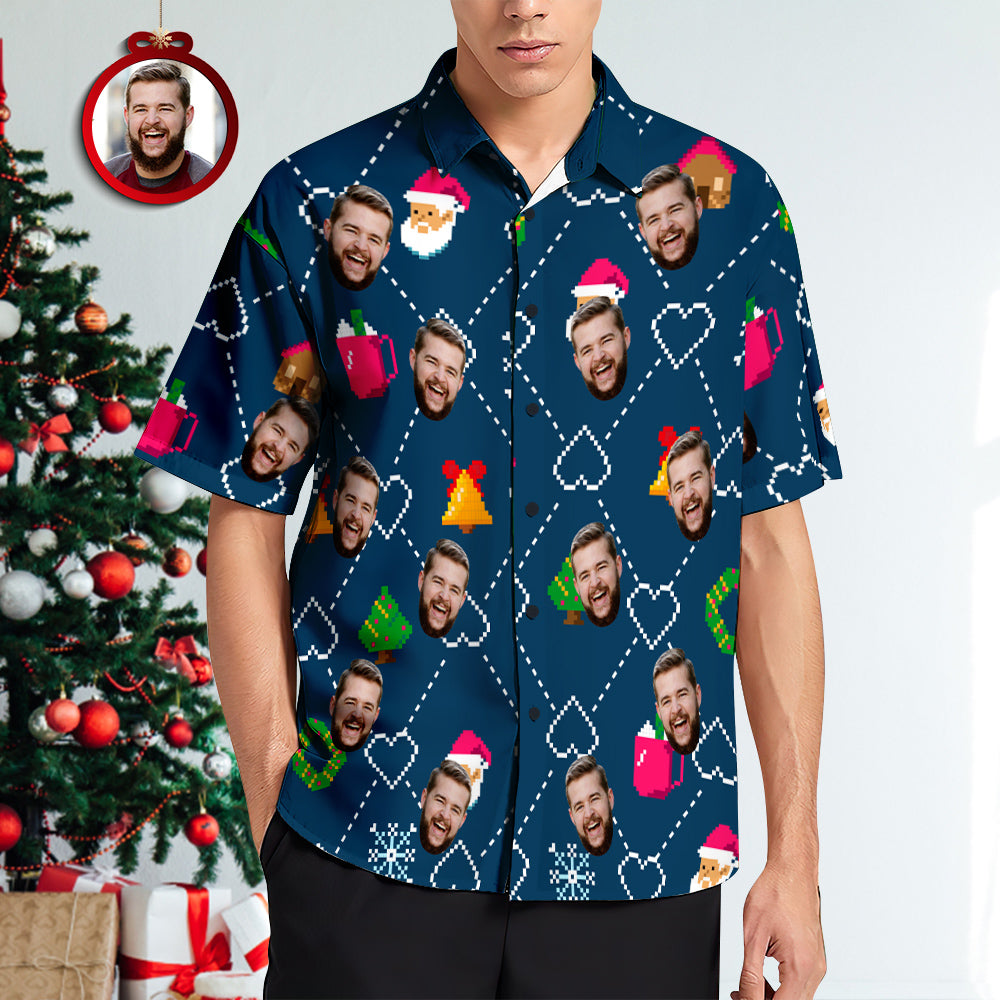 Chemise PersonnaliséeChemises Hawaïennes De Visage Personnalisées Cadeau De Noël Personnalisé Chemises De Noël De Fête Du Père Noël Pour Hommes-MyHawaiianShirtsFR