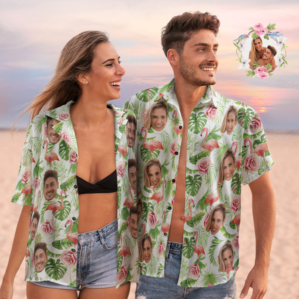 Visage Personnalisé Chemises Hawaïennes Chemises Flamant Rose Personnalisées Couple Décontracté Manches Courtes Cadeau Saint Valentin-MyHawaiianShirtsFR
