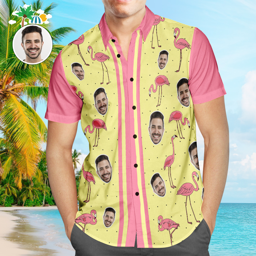Chemise PersonnaliséeChemise Hawaïenne À Visage Personnalisé Flamingo Géométrique Chemise De Plage Aloha Personnalisée Pour Homme-MyHawaiianShirtsFR
