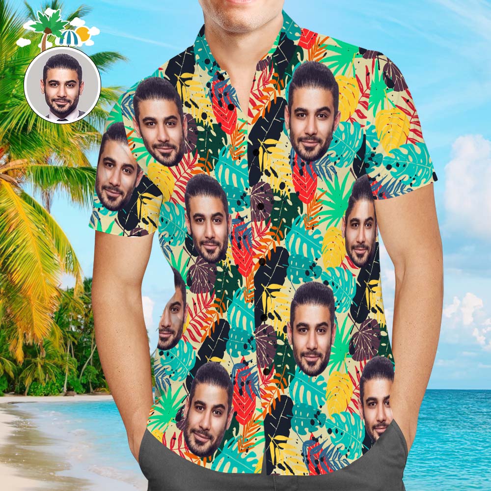 Chemise PersonnaliséeChemise Hawaïenne Aloha Imprimée Sur Tout Le Visage Pour Hommes Avec Feuilles Colorées-MyHawaiianShirtsFR