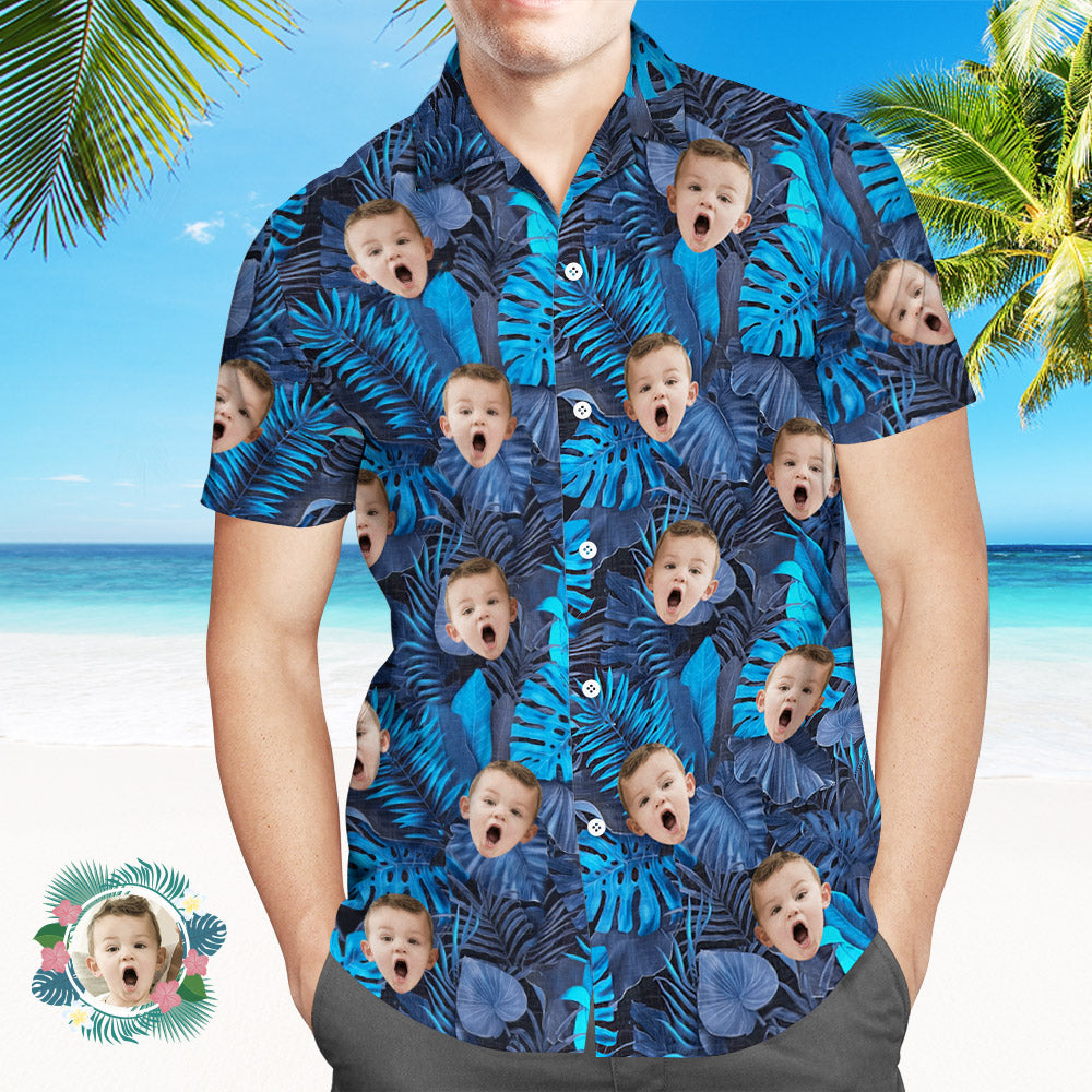 Visage Personnalisé Sur Toute La Chemise Hawaïenne Imprimée Fleurs Et Feuilles Chemise De Plage Bleue-MyHawaiianShirtsFR