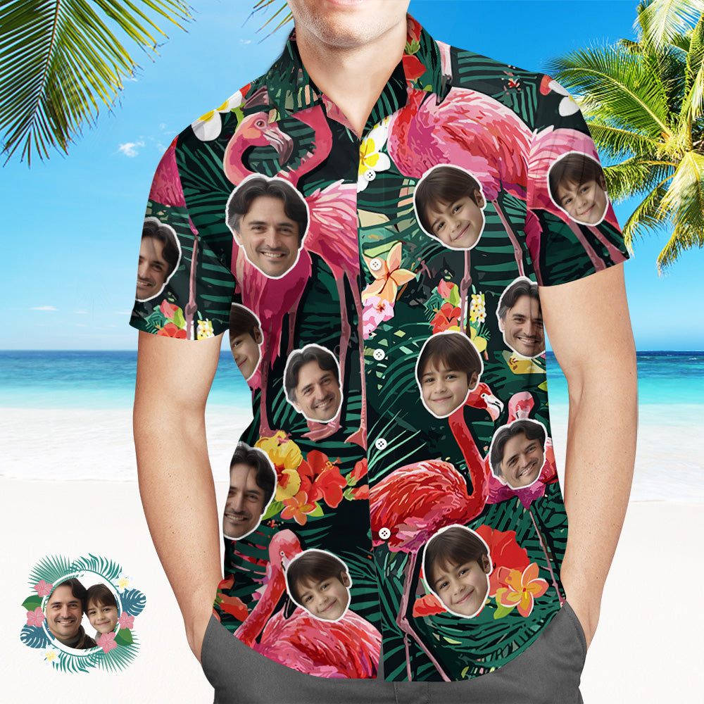 Visage Personnalisé Partout Imprimé Chemise Hawaïenne Dessin Animé Flamant Rose Hommes Chemise Plage Fête-MyHawaiianShirtsFR