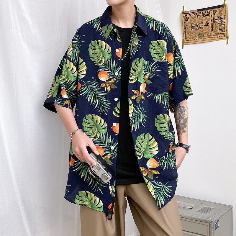 Chemises hawaïennes Impression feuilles tropicales sur fond noir Chemises de plage Aloha pour hommes-MyHawaiianShirtsFR