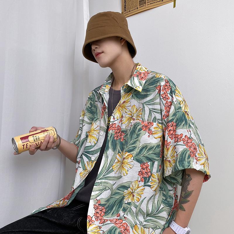 Chemises hawaïennes Impression de feuilles et de fleurs sur fond blanc Chemises de plage Aloha pour hommes-MyHawaiianShirtsFR