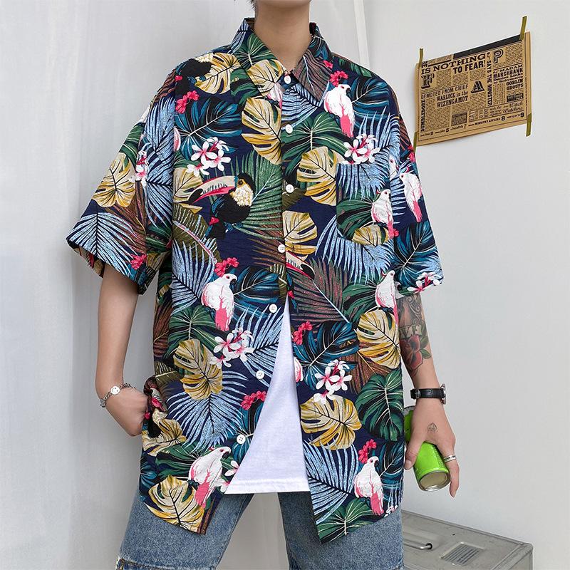 Chemises hawaïennes Impression de feuilles et d'oiseaux sur fond noir Chemises de plage Aloha pour hommes-MyHawaiianShirtsFR