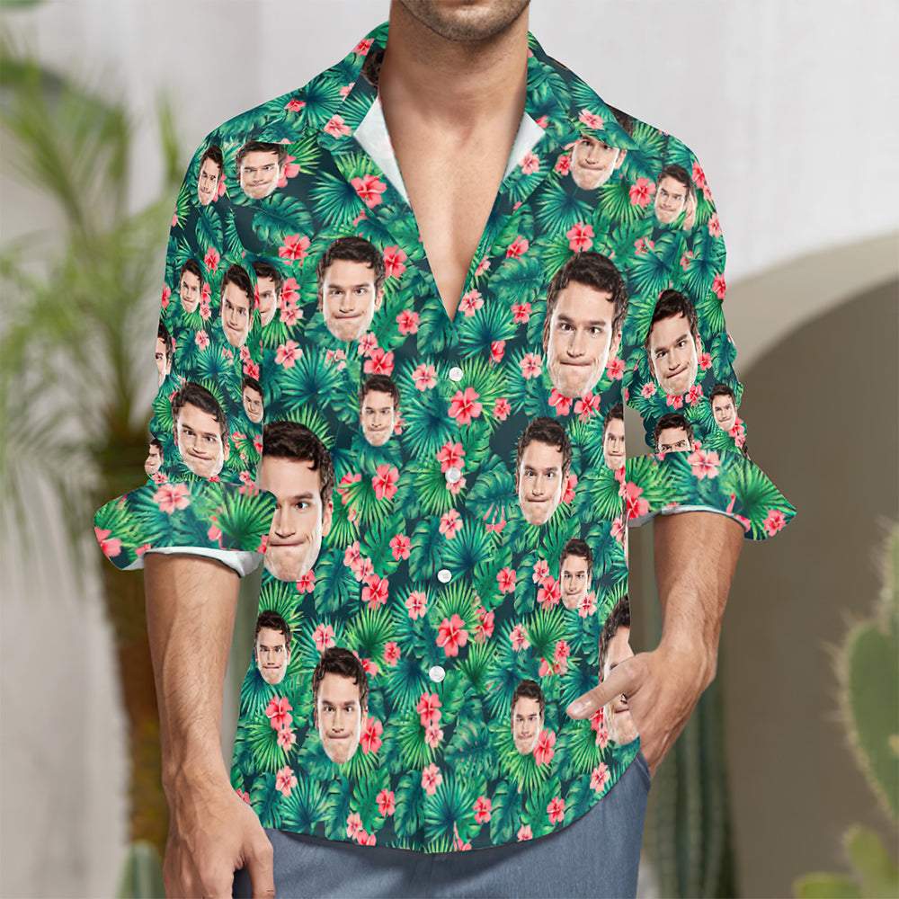 Visage Personnalisé Sur Toute La Chemise À Manches Longues Imprimée Fleurs Rouges-MyHawaiianShirtsFR