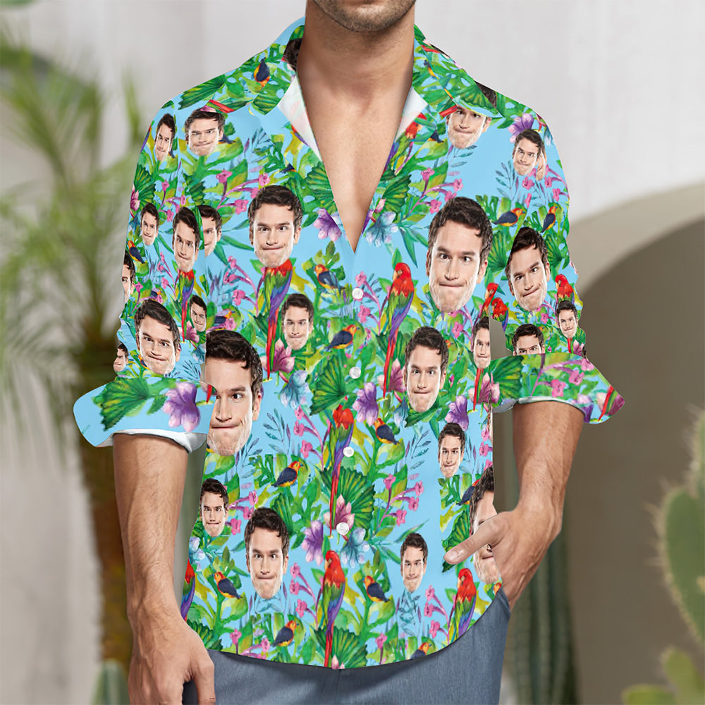 Chemise À Manches Longues Imprimée De Style D'été De Visage Personnalisé-MyHawaiianShirtsFR