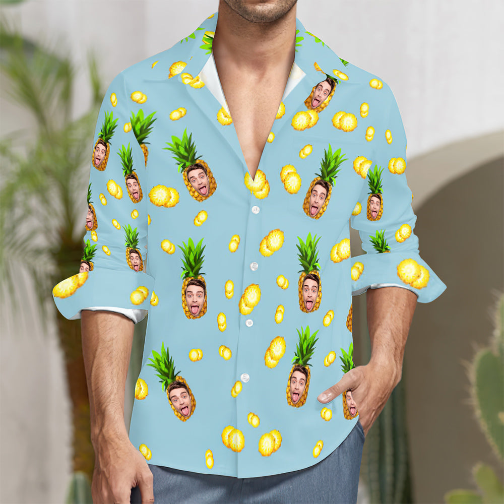 Chemise À Manches Longues Imprimée D'ananas Drôle De Visage Personnalisé-MyHawaiianShirtsFR