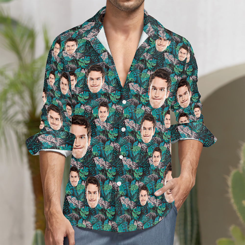 Custom Face Summer Leaves All Over Print Long Sleeve Shirt-MyHawaiianShirtsFR