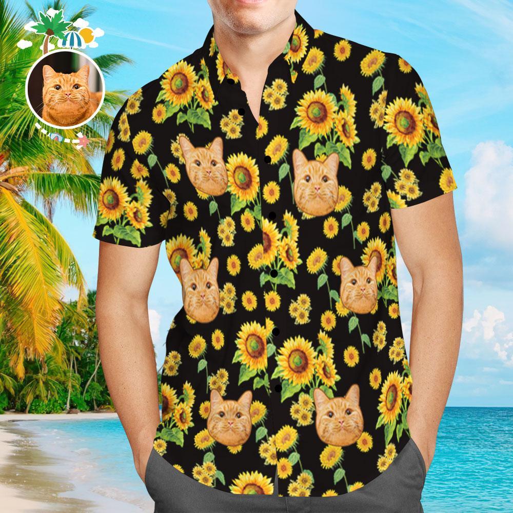 Chemise PersonnaliséeChemises hawaïennes personnalisées Chemise de plage Aloha à motif de tournesol et visage de chat pour hommes-MyHawaiianShirtsFR