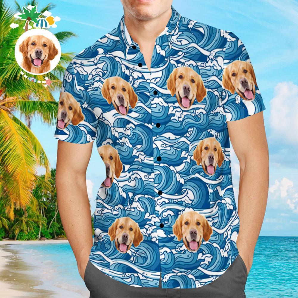 Chemise PersonnaliséeChemises hawaïennes personnalisées Chemise de plage Aloha pour hommes avec visage de chien et motifs de vagues-MyHawaiianShirtsFR