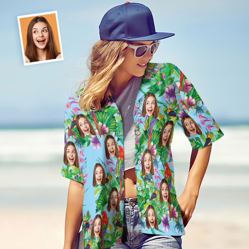 Chemise à visage personnalisé Chemise hawaïenne pour femmes Perroquet coloré