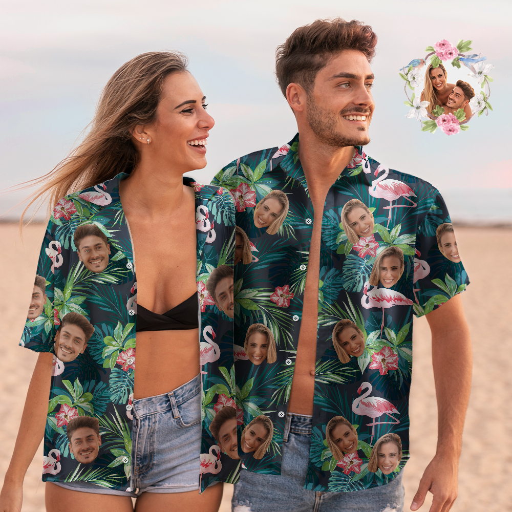 Couple De Visage Personnalisé Correspondant À Des Chemises Hawaïennes Flamingo Flower Valentine's Day Gift-MyHawaiianShirtsFR