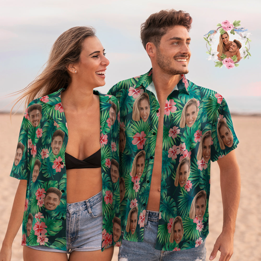 Couple Visage Personnalisé Assorti Chemises Hawaïennes Fleurs Rouges Cadeau Saint Valentin