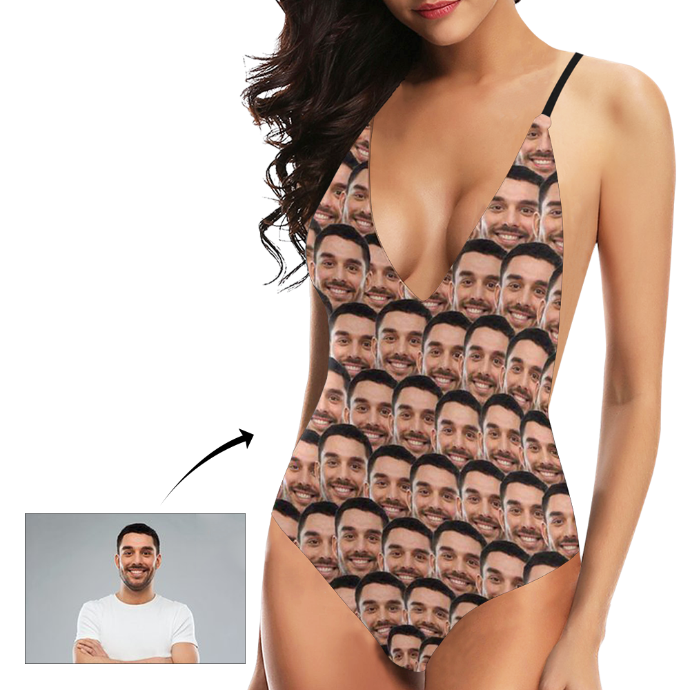 Bikini col en V avec visage personnalisé Maillot de bain une pièce photo pour femme - Mash-MyHawaiianShirtsFR