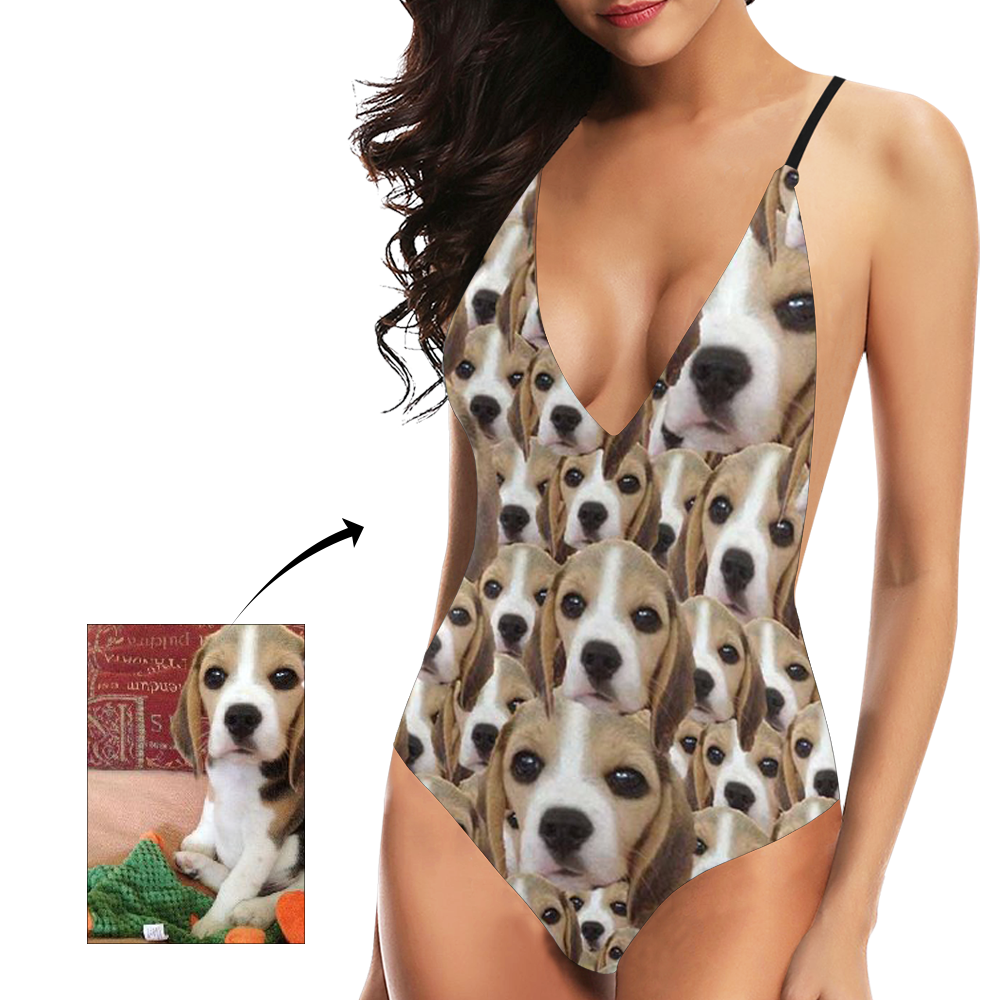 Bikini col en V avec visage personnalisé Maillot de bain une pièce pour femme - Chien mignon-MyHawaiianShirtsFR