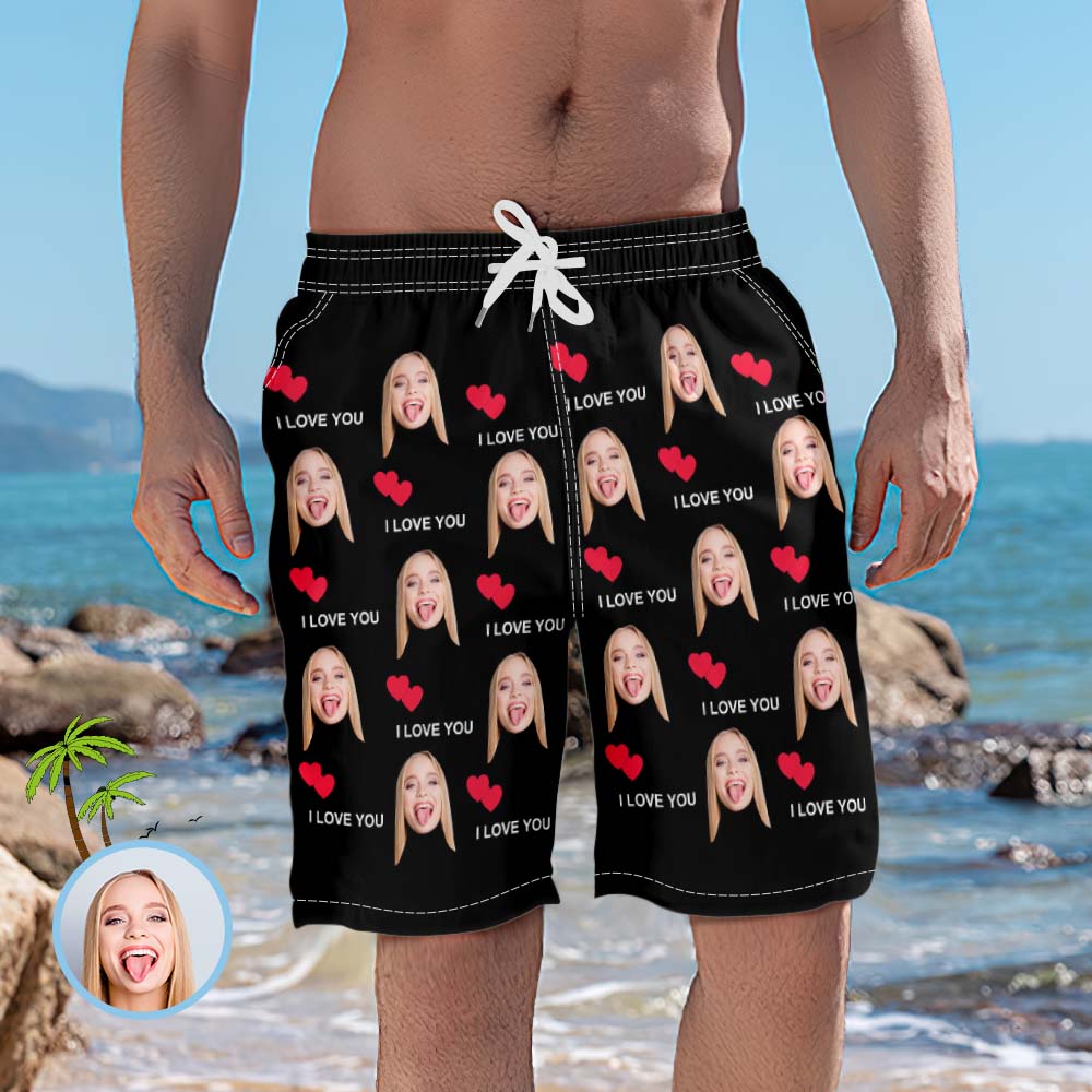 Visage Personnalisé Je T'aime Short De Plage Pour Homme Coeur Rouge-MyHawaiianShirtsFR