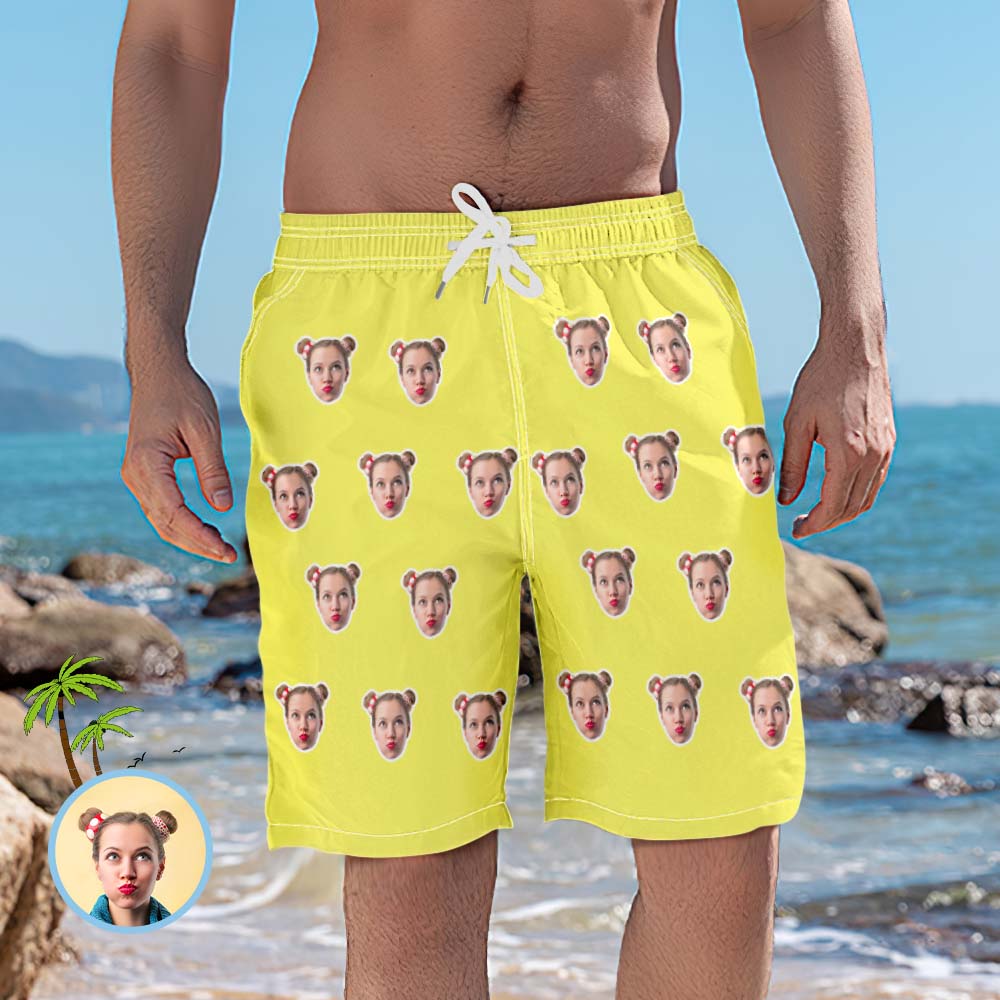 Short De Plage Homme Head Photo Or Jaune Personnalisé-MyHawaiianShirtsFR