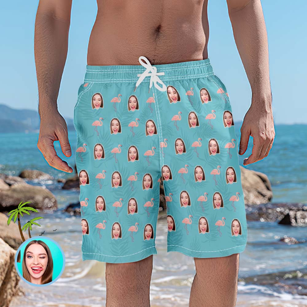 Short De Plage Personnalisé Head Photo Et Flamingo Blue Pour Homme-MyHawaiianShirtsFR